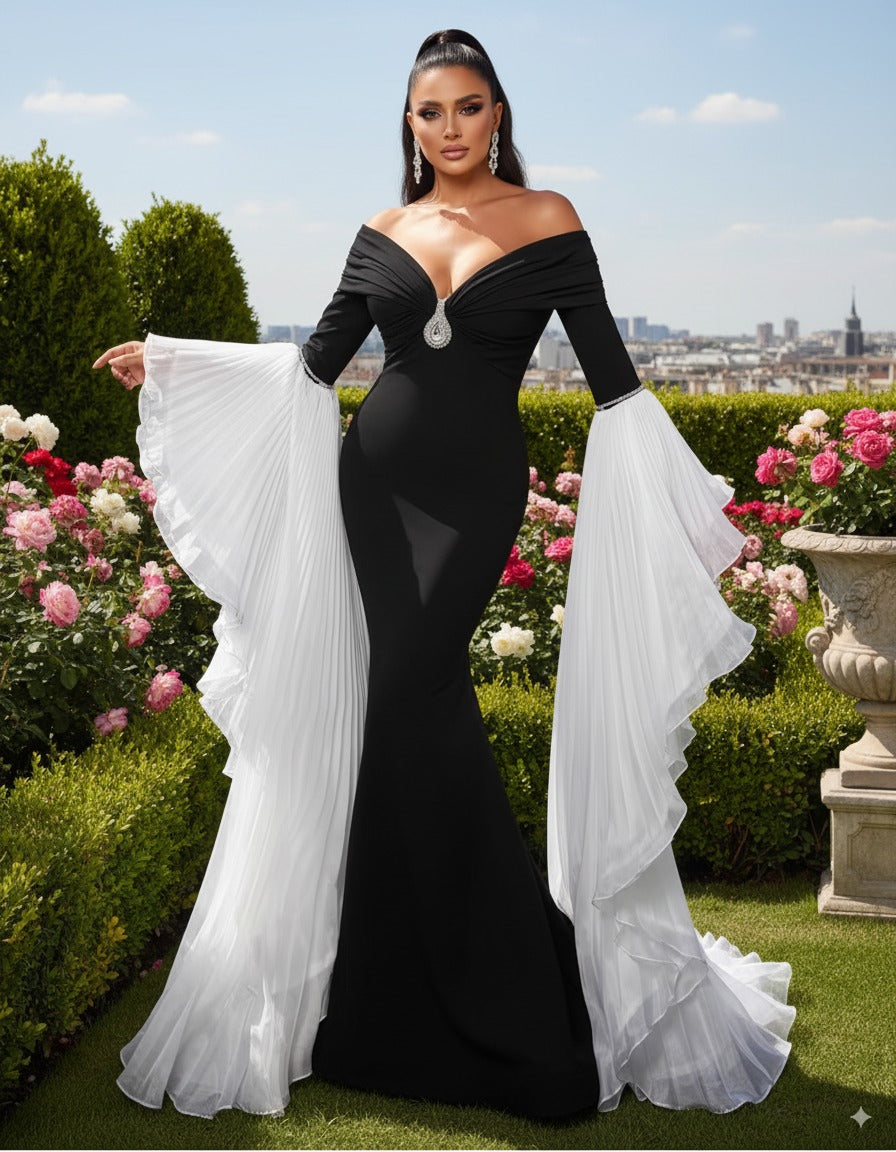 off-shoulder mermaid gown with dramatic pleated sleeves – Sherrey