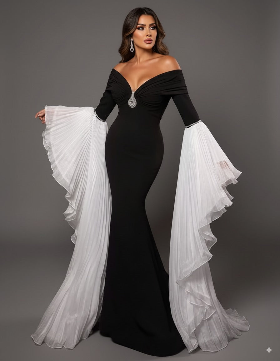 off-shoulder mermaid gown with dramatic pleated sleeves – Sherrey