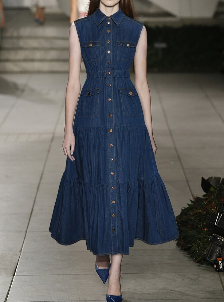 sleeveless denim maxi dress with tiered skirt – Adalinda