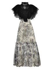 lace yoke maxi dress with ruffled tulle cape – Abygail