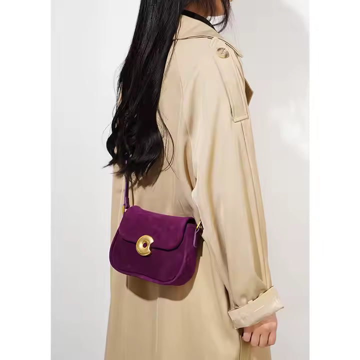 suede flap shoulder bag with gold sculpted lock - IRIXIS