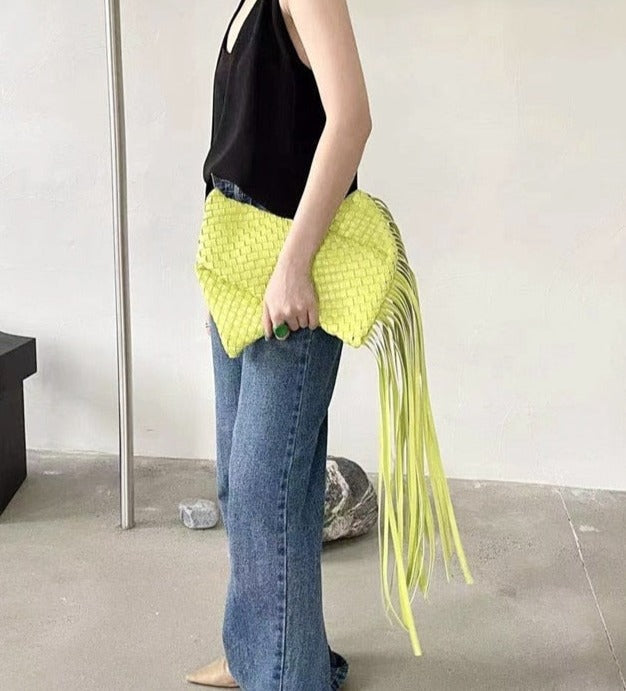 woven leather clutch with fringe detail – Aelueua