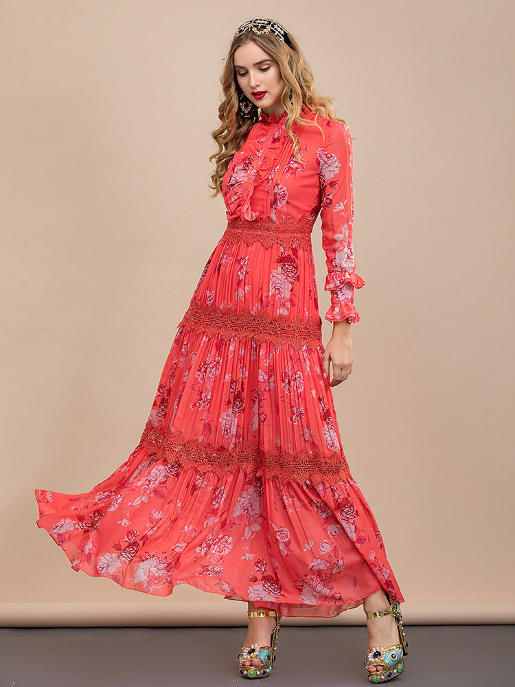 floral print maxi dress with lace trim – Caihong