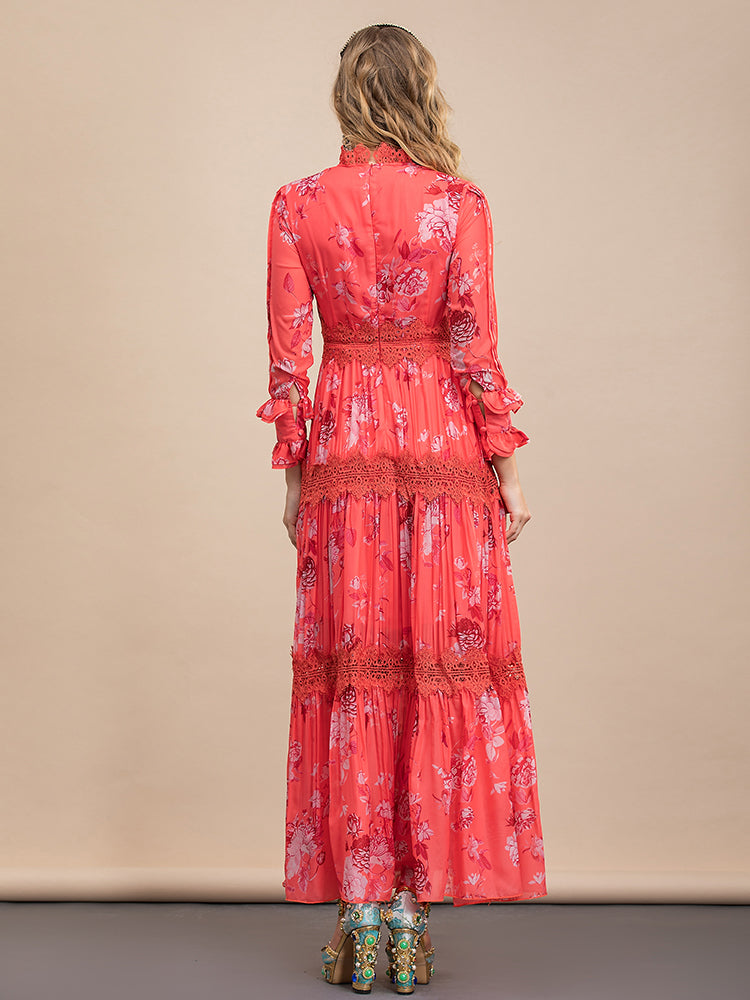floral print maxi dress with lace trim – Caihong