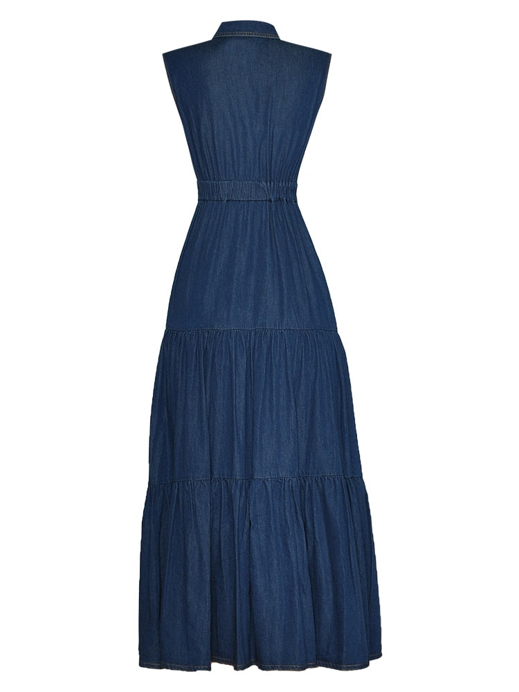 sleeveless denim maxi dress with tiered skirt – Adalinda