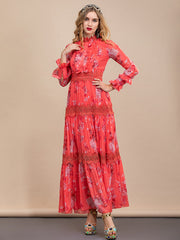 floral print maxi dress with lace trim – Caihong