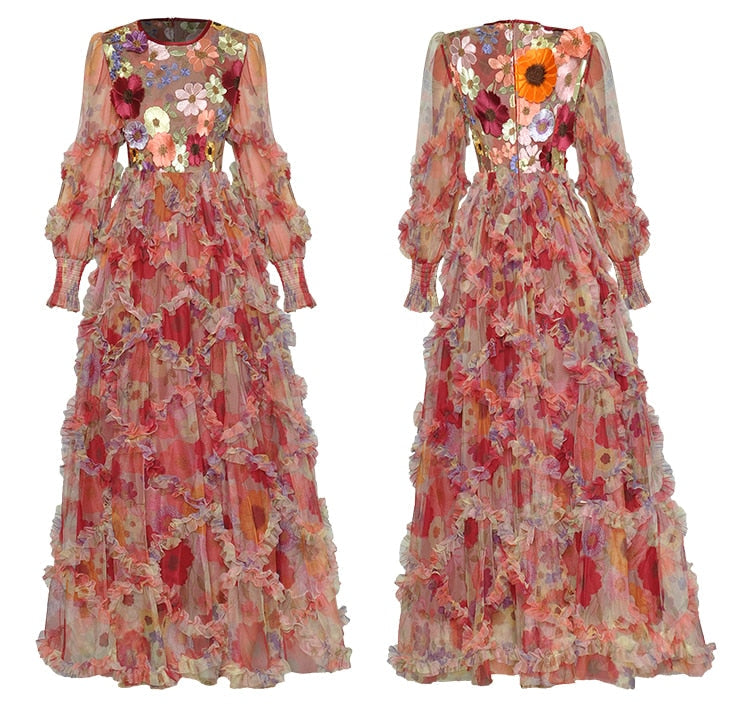 floral appliqué ruffle tulle gown – Adaline