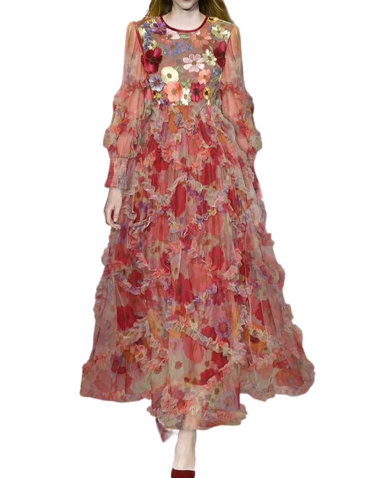 floral appliqué ruffle tulle gown – Adaline