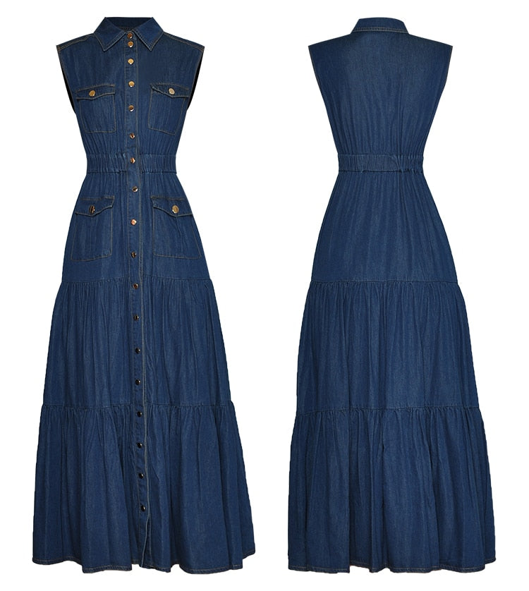 sleeveless denim maxi dress with tiered skirt – Adalinda