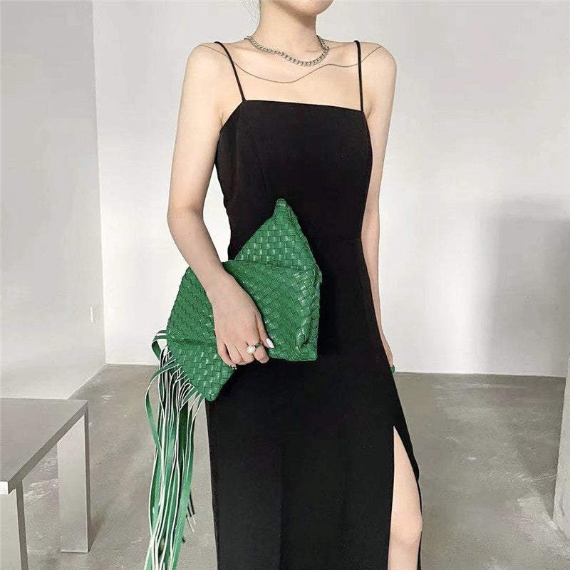 woven leather clutch with fringe detail – Aelueua