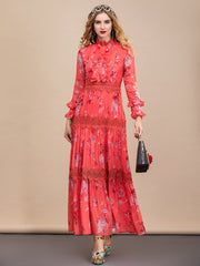 floral print maxi dress with lace trim – Caihong