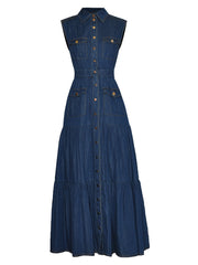 sleeveless denim maxi dress with tiered skirt – Adalinda