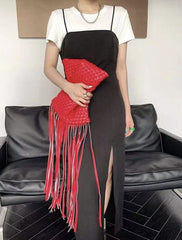 woven leather clutch with fringe detail – Aelueua