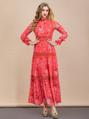 floral print maxi dress with lace trim – Caihong