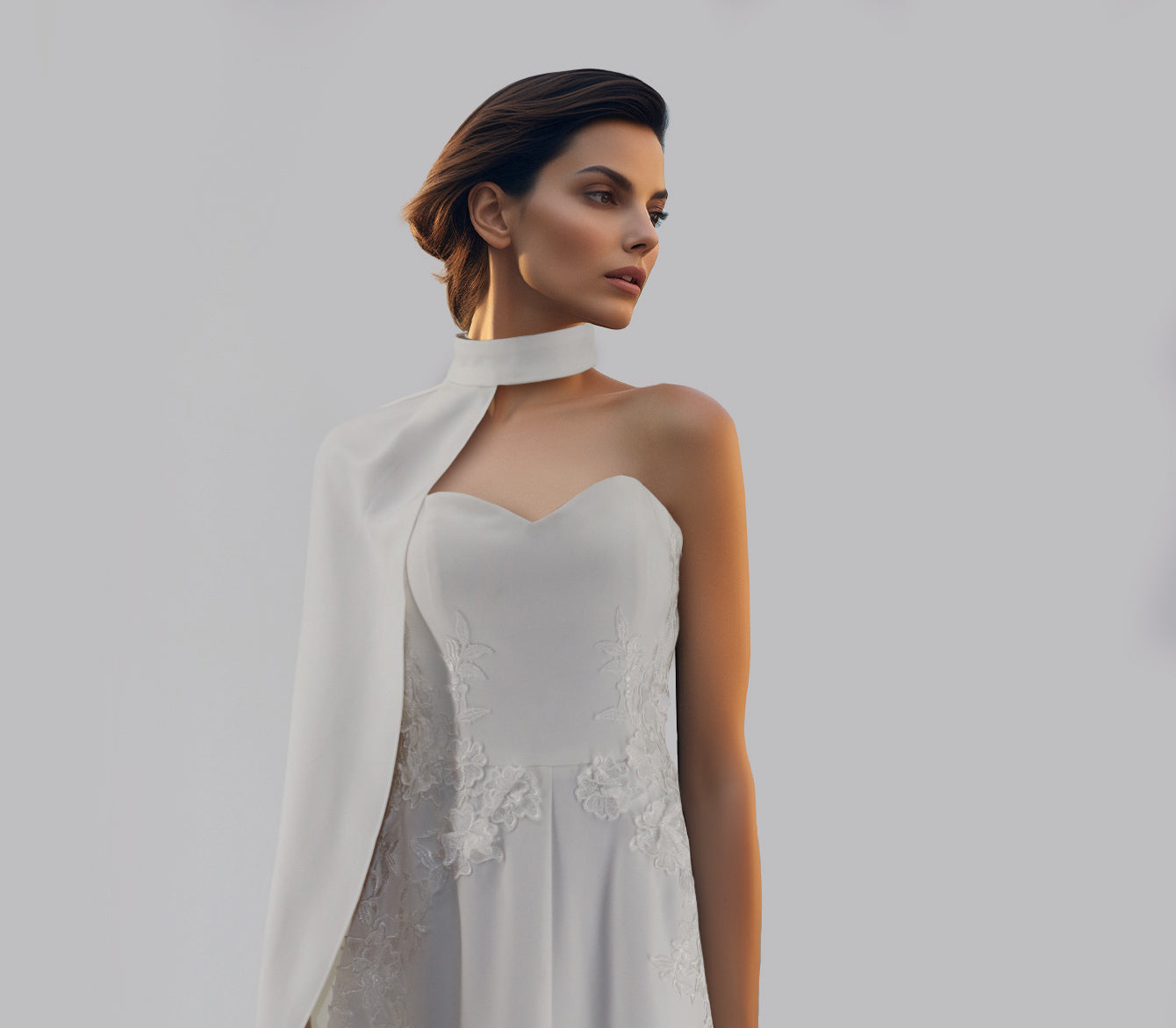 Strapless a line dress with one shoulder cape - Norjen