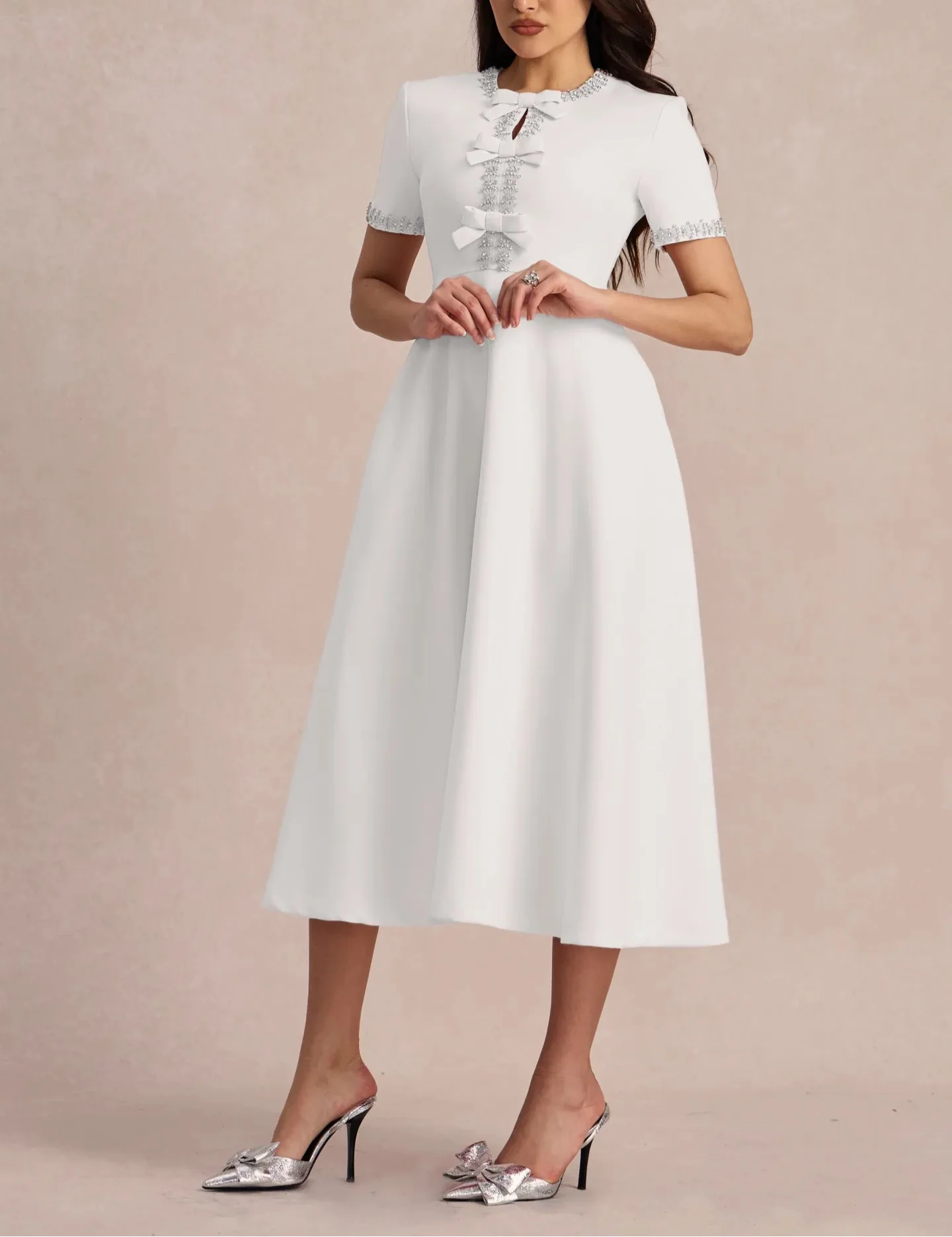 Short-sleeve A-line dress with embellished bows - Nutrodi