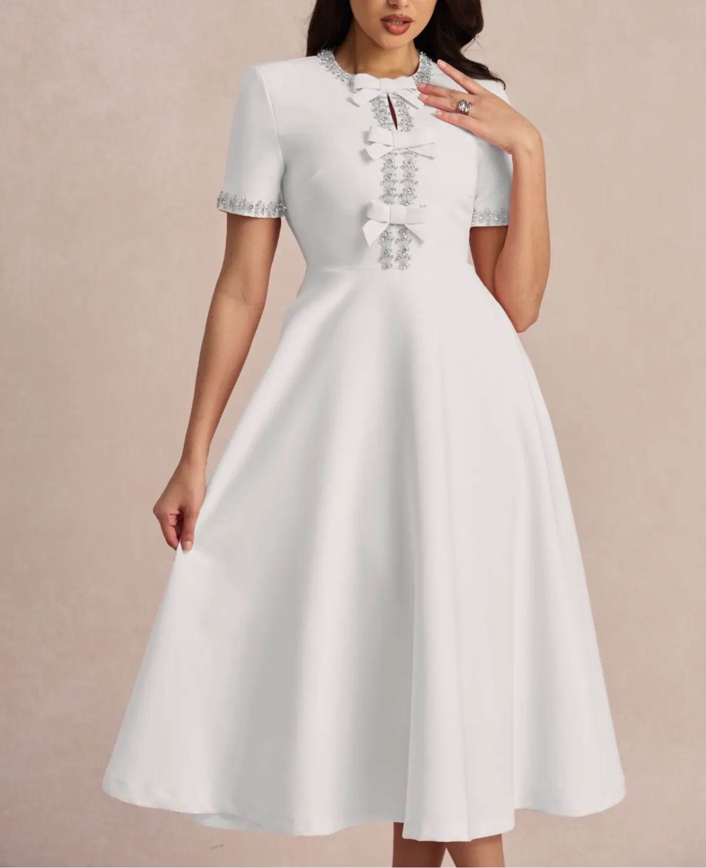 Short-sleeve A-line dress with embellished bows - Nutrodi