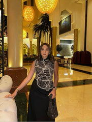 Sleeveless dress with silver floral beads embroidery - looman