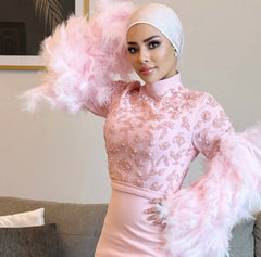 Beaded column dress with feather sleeves-Satchel