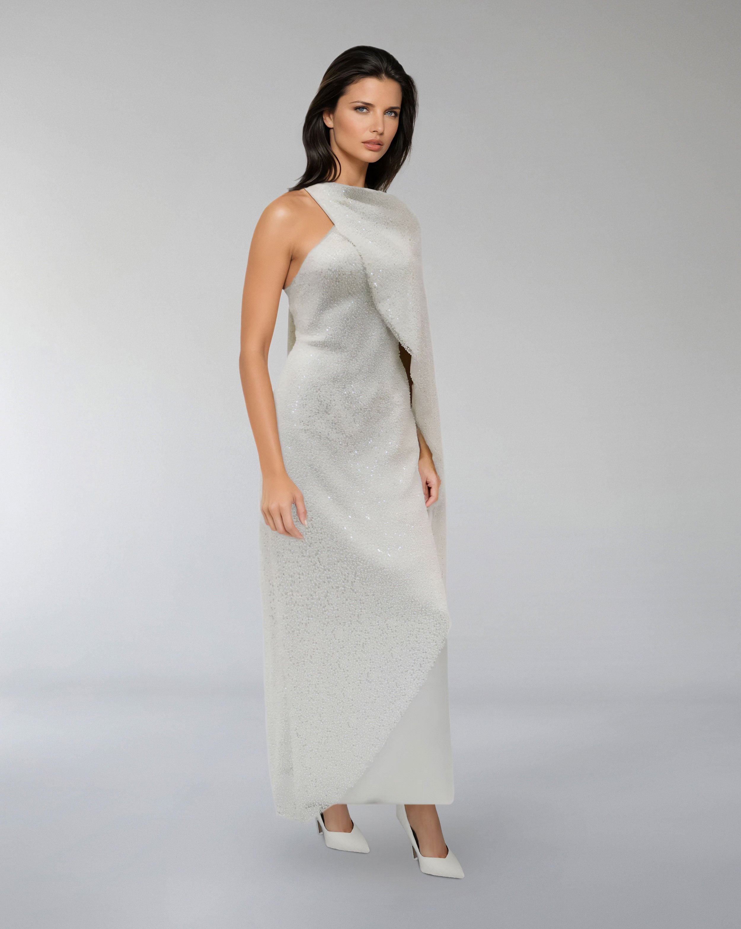 Strapless Sequined Column Dress with Draped Cape – AUROOR