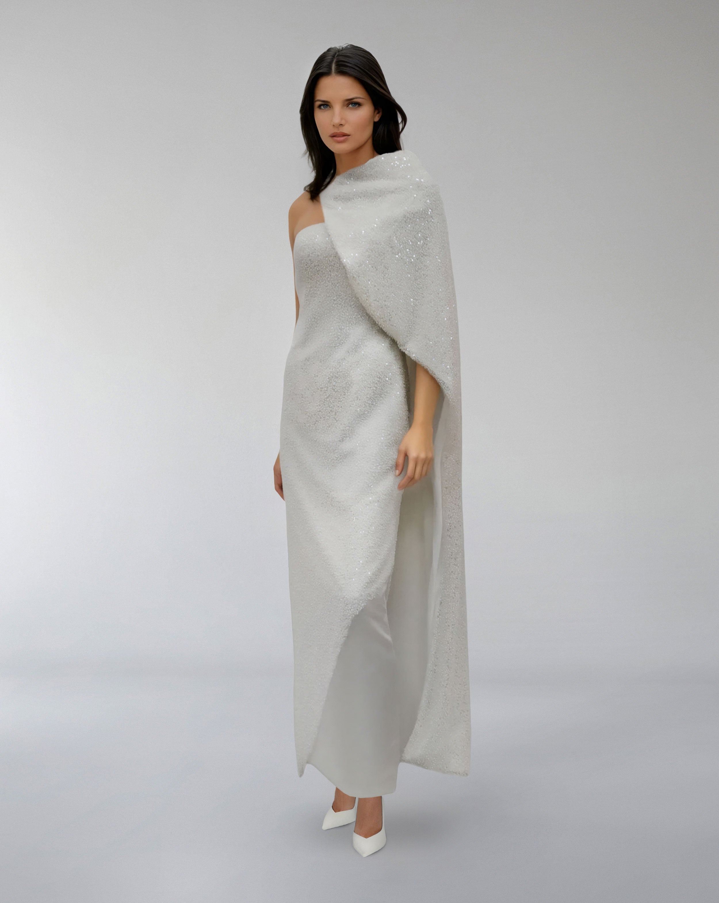 Strapless Sequined Column Dress with Draped Cape – AUROOR