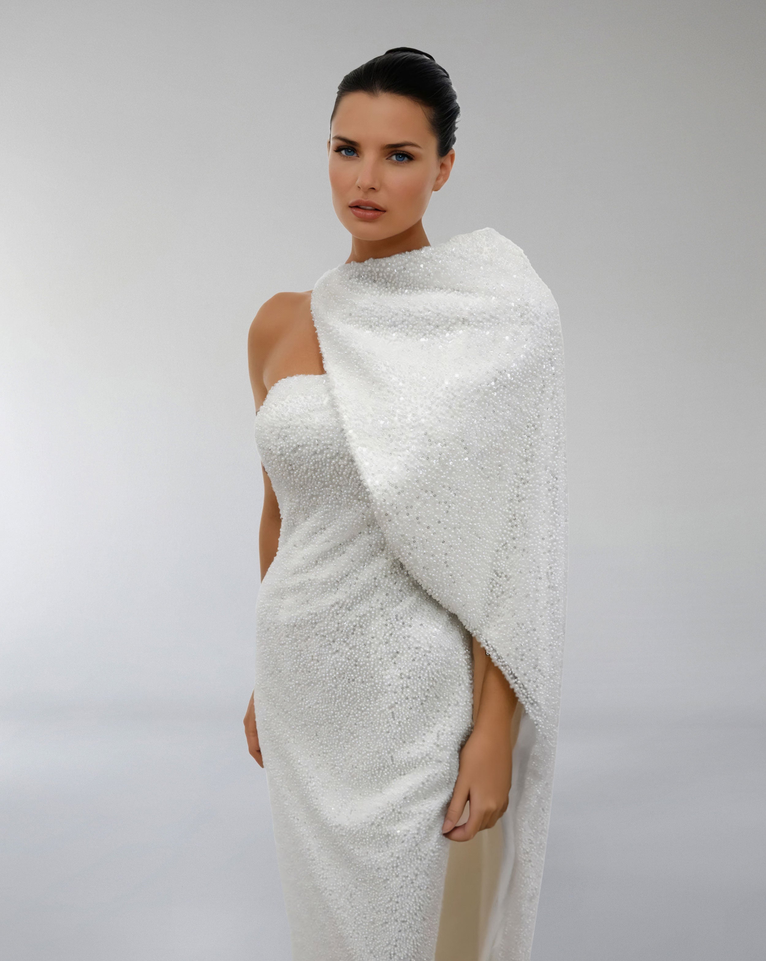 Strapless Sequined Column Dress with Draped Cape – AUROOR
