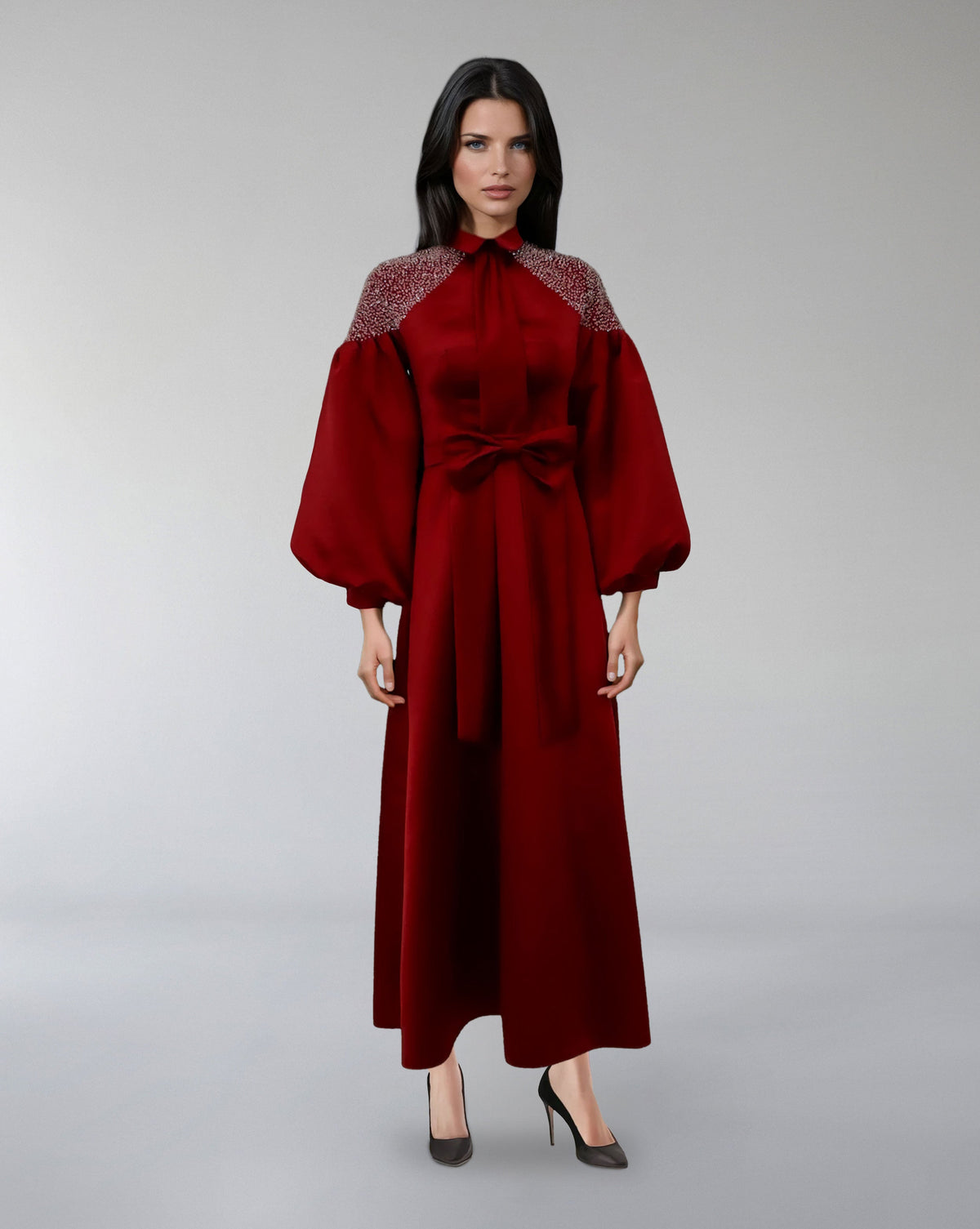 High-Neck A-Line Dress with Embellished Shoulders – SCARLET