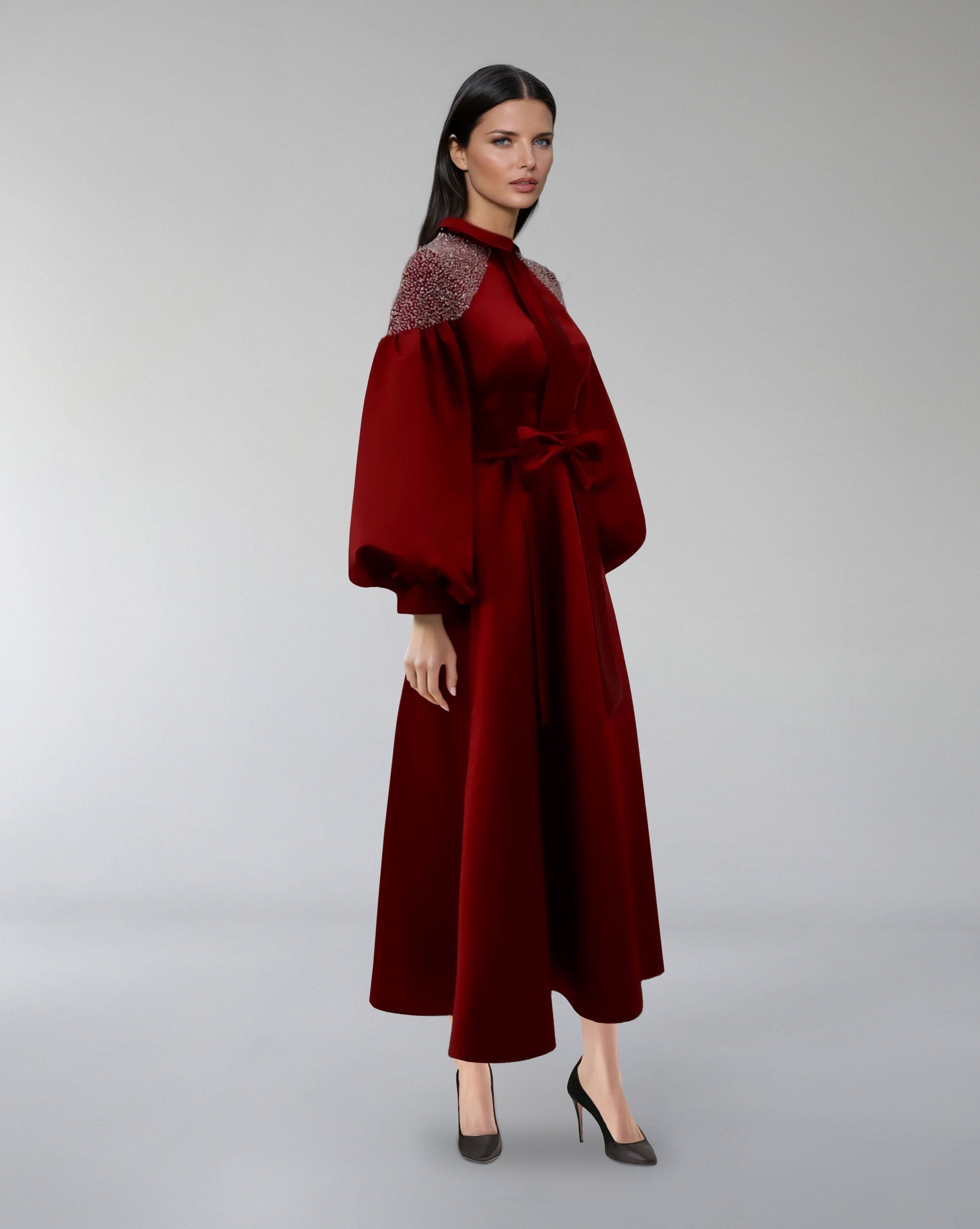 High-Neck A-Line Dress with Embellished Shoulders – SCARLET