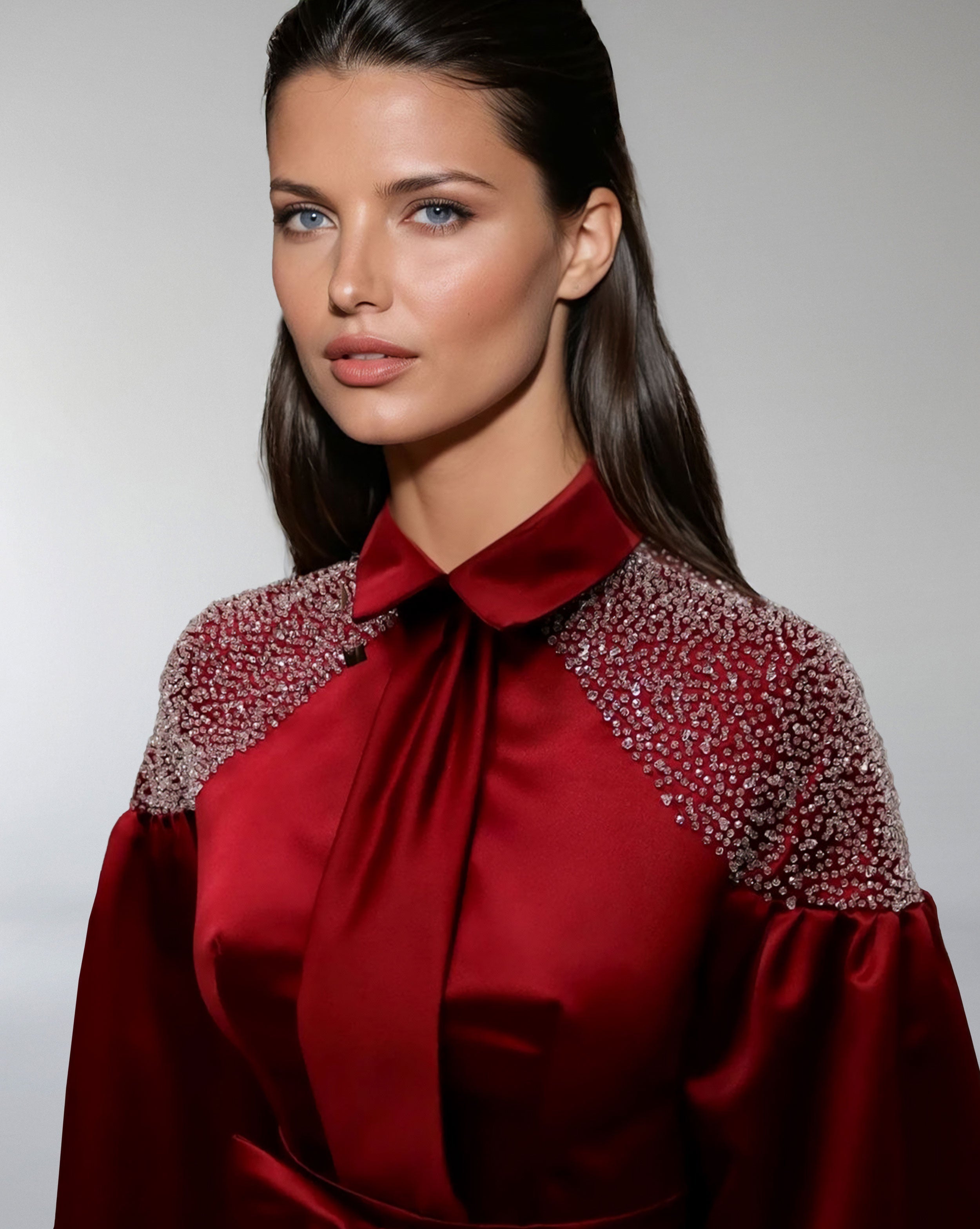 High-Neck A-Line Dress with Embellished Shoulders – SCARLET