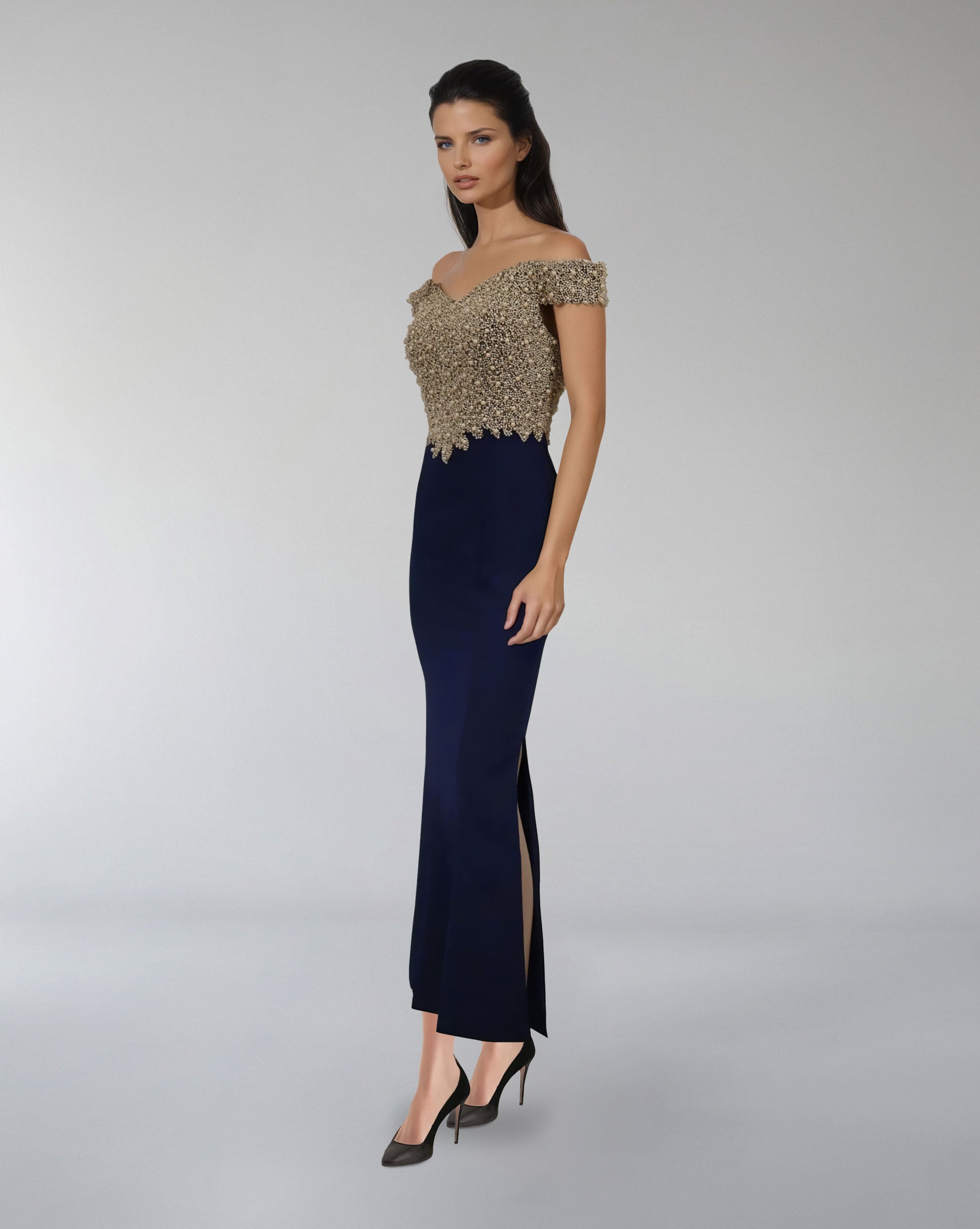 Off-Shoulder Beaded Bodice Gown – CELESTI