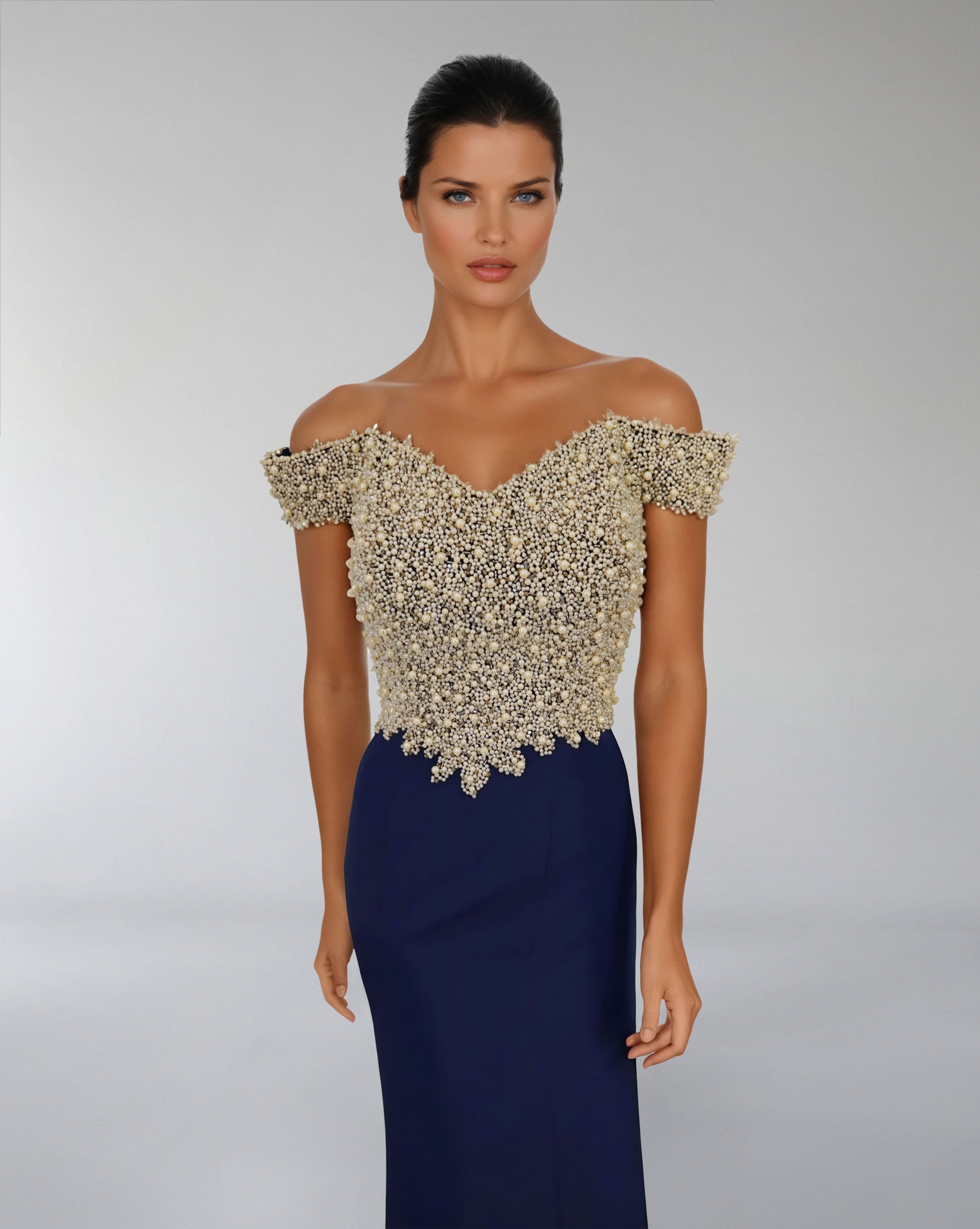 Off-Shoulder Beaded Bodice Gown – CELESTI