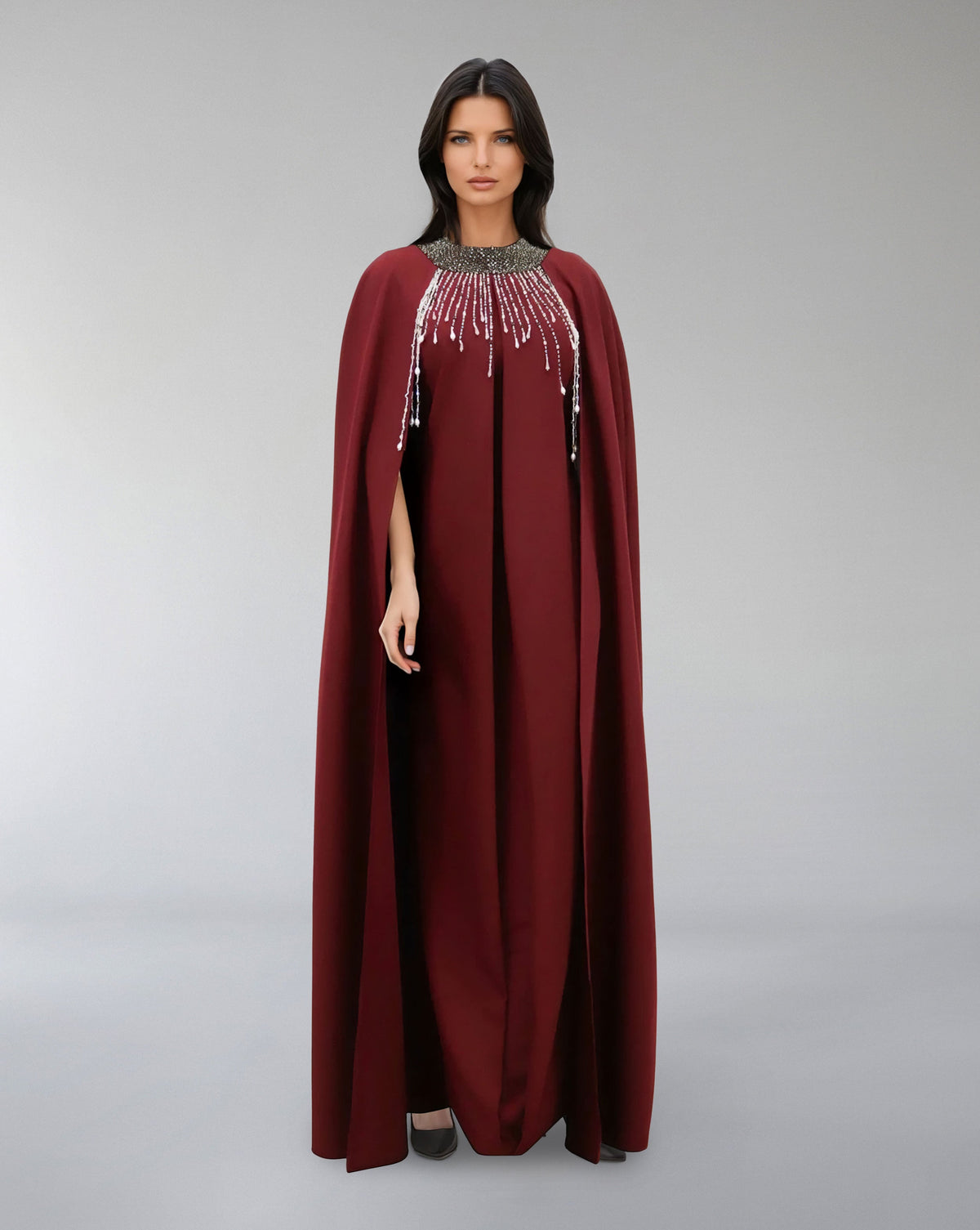 Embellished High-Neck Gown with Flowing Cape – ASITRD