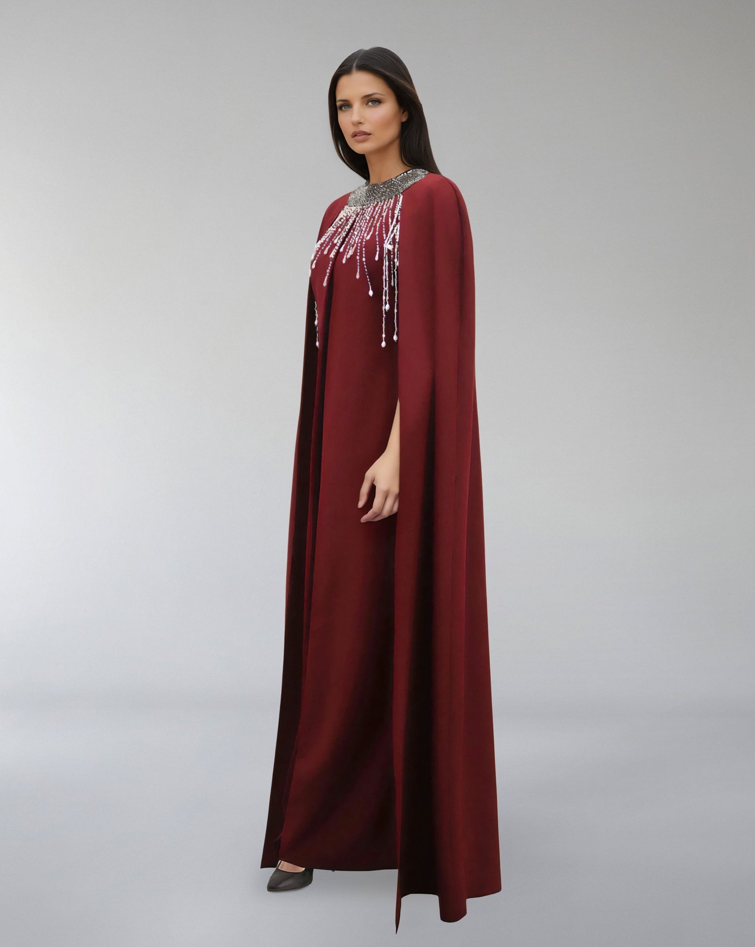Embellished High-Neck Gown with Flowing Cape – ASITRD