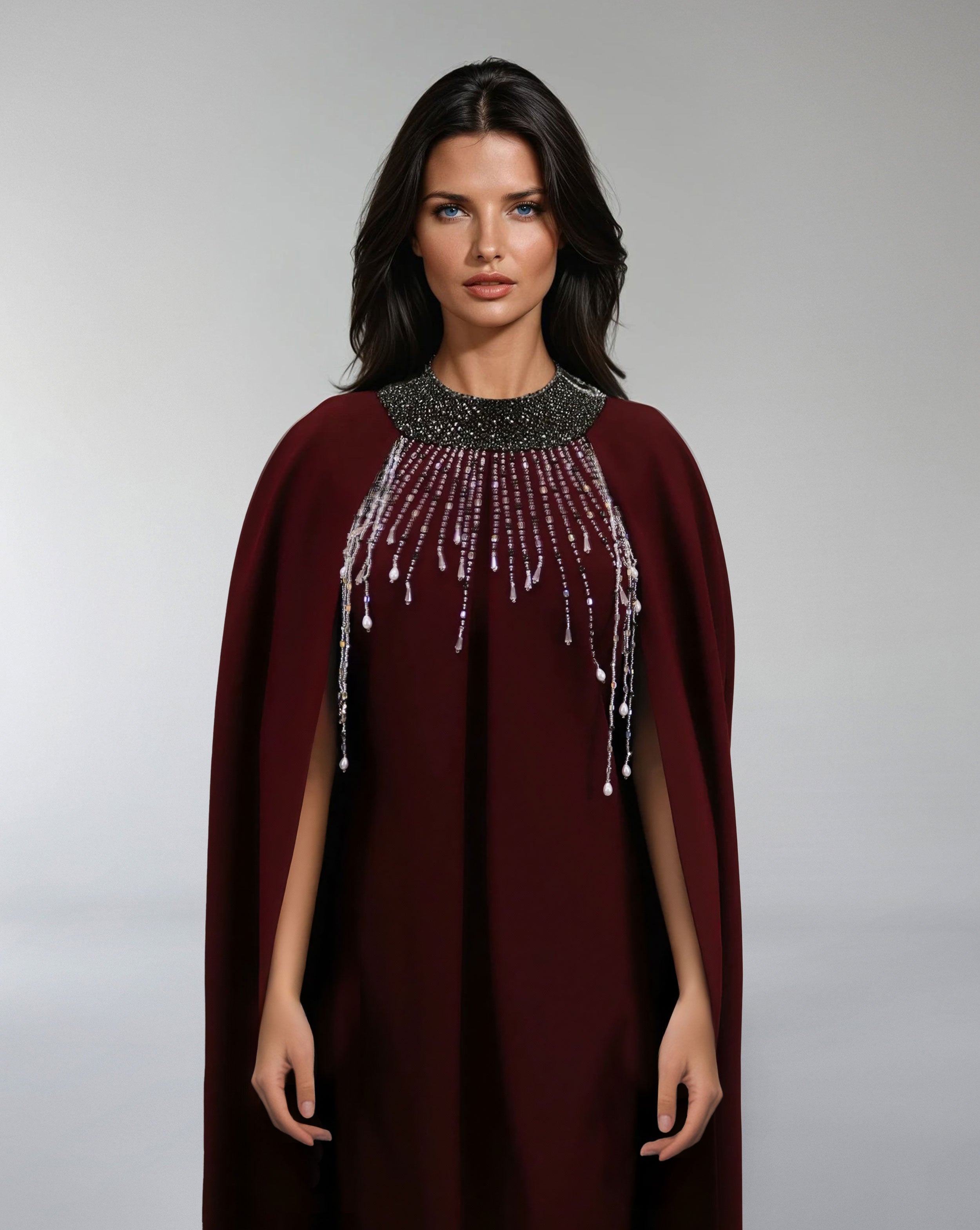 Embellished High-Neck Gown with Flowing Cape – ASITRD