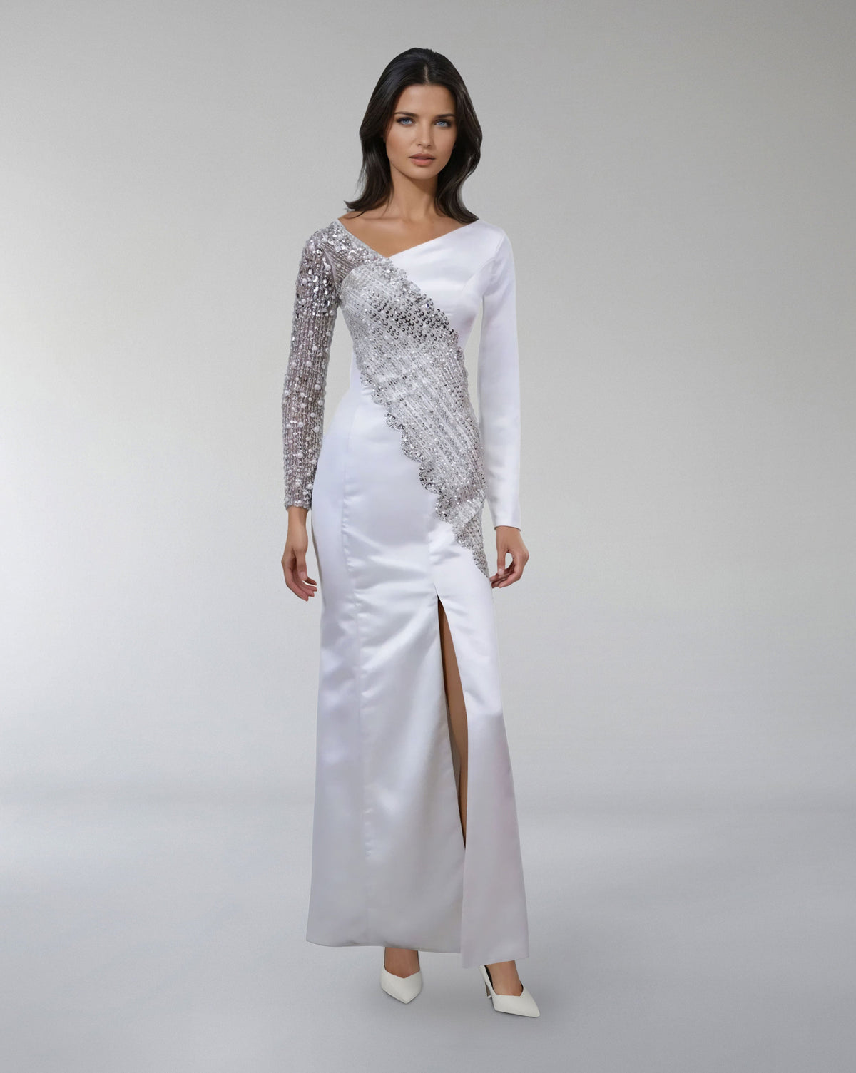 Asymmetrical Embellished Satin Gown with Slit – LUMINA