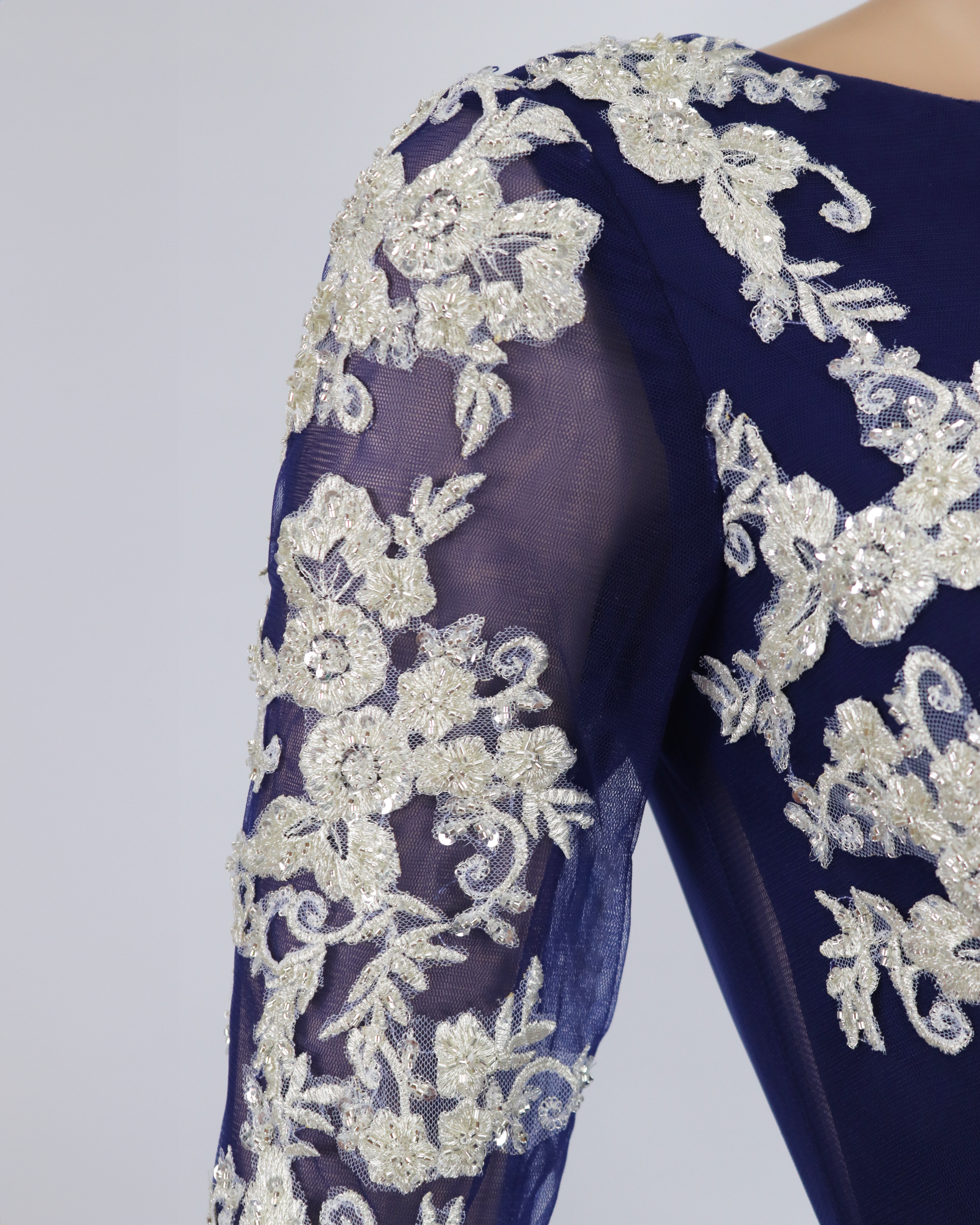 Blue Floor-Length Dress with see-through sequined top-Juwan