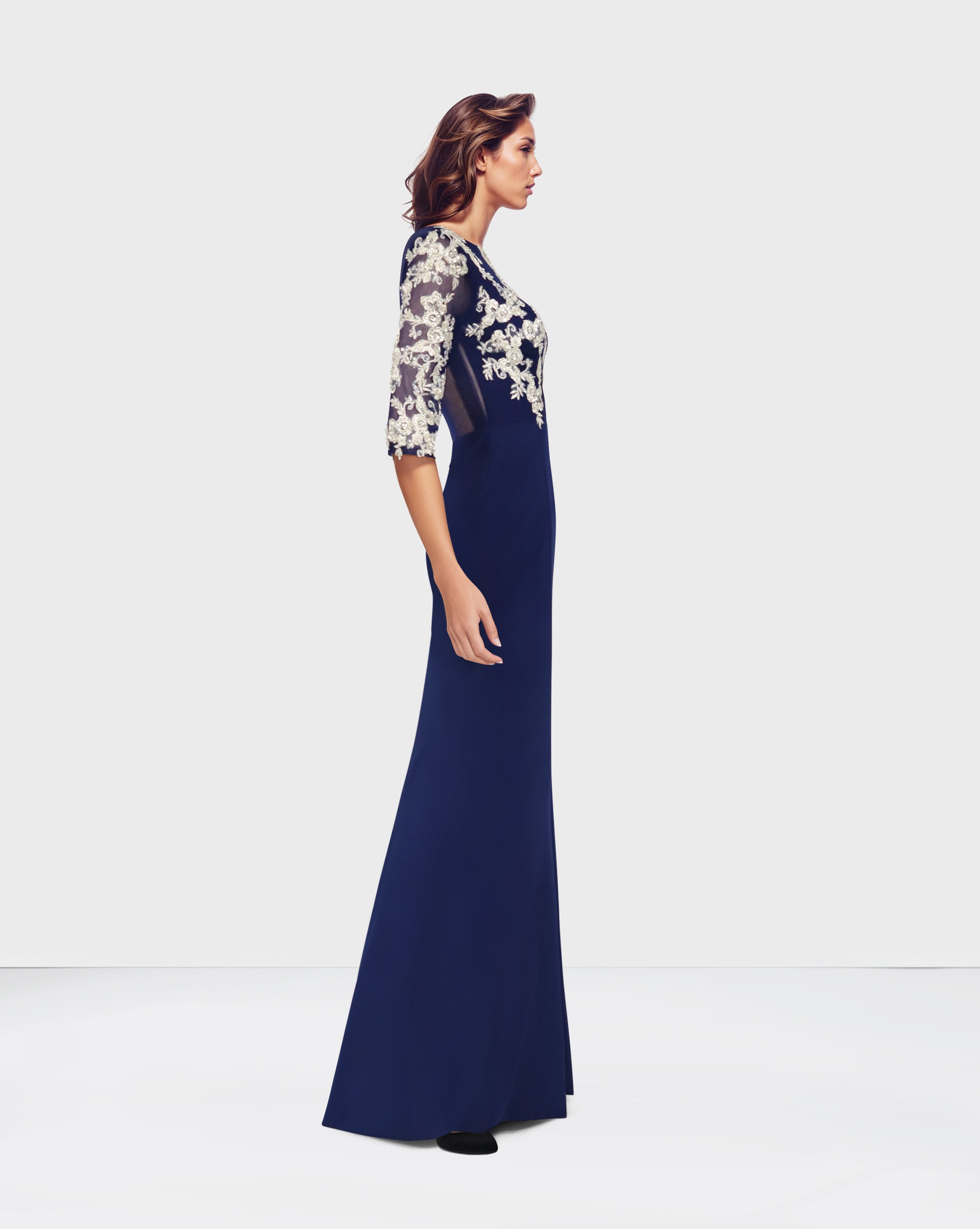 Blue Floor-Length Dress with see-through sequined top-Juwan