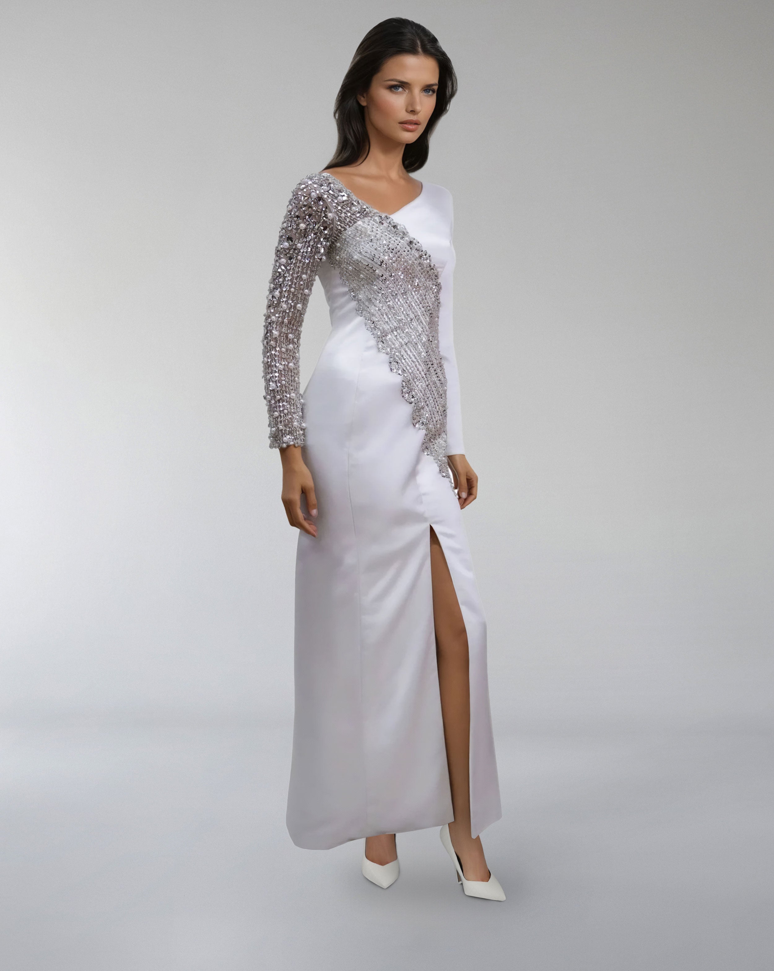 Asymmetrical Embellished Satin Gown with Slit – LUMINA