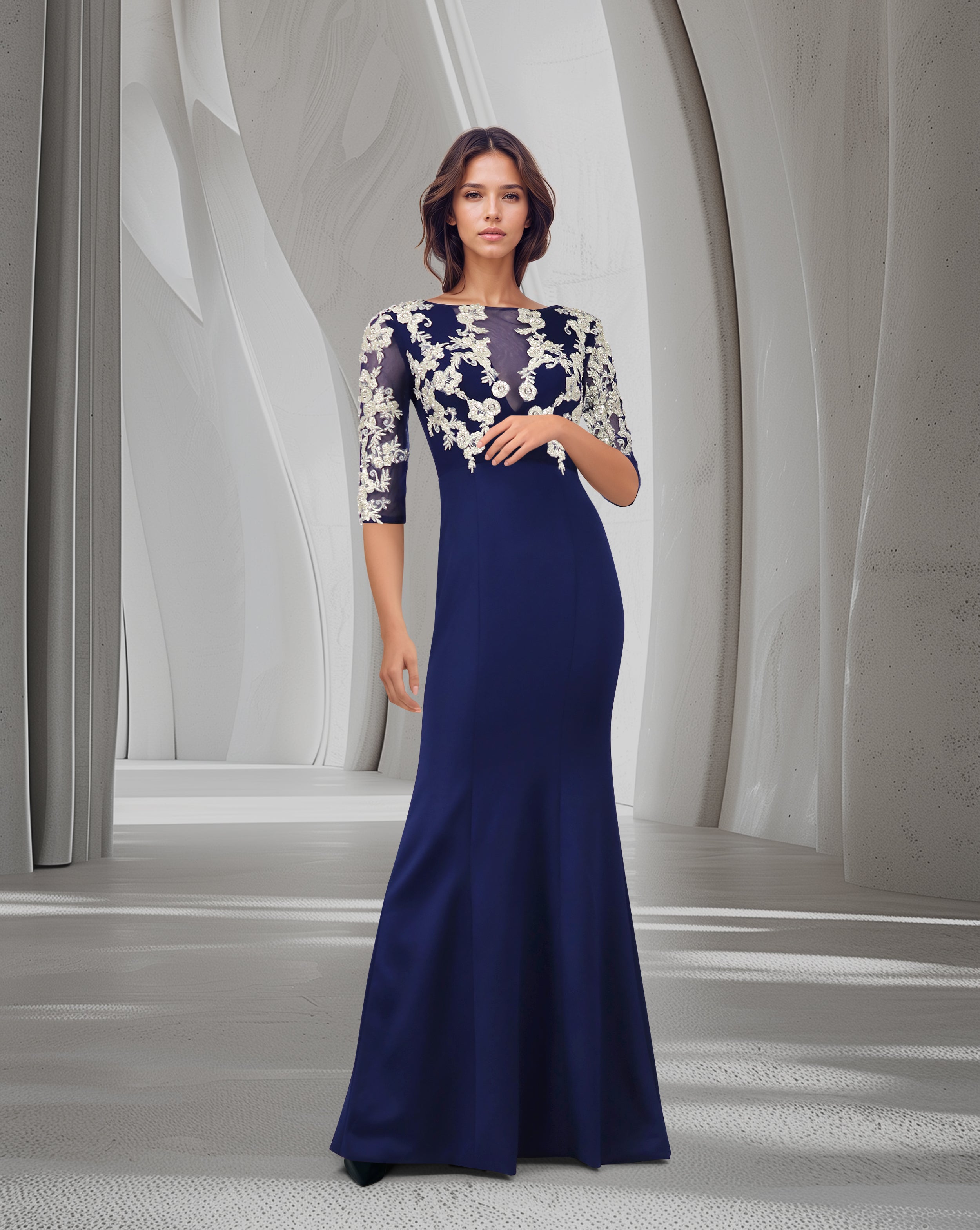 Blue Floor-Length Dress with see-through sequined top-Juwan