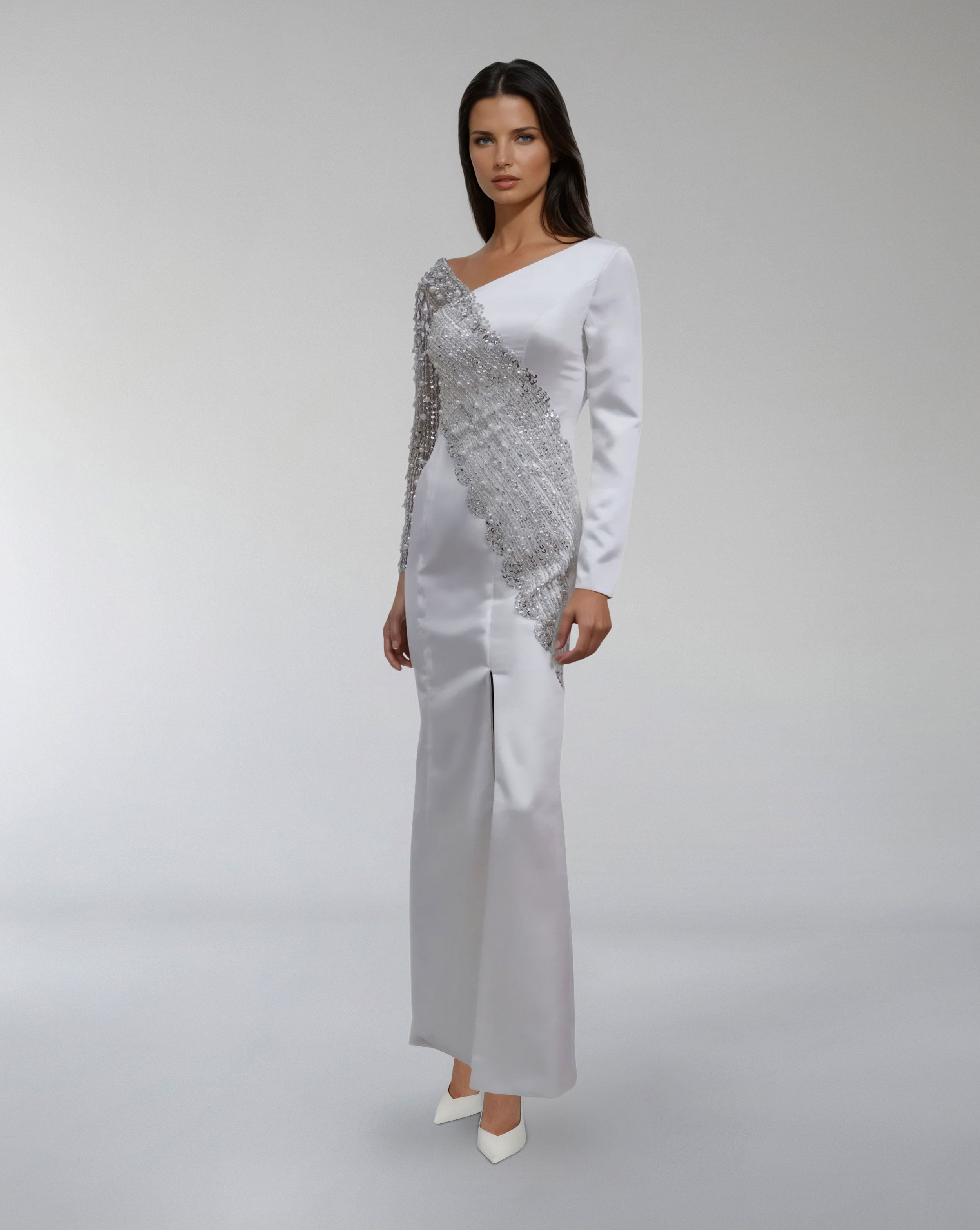 Asymmetrical Embellished Satin Gown with Slit – LUMINA