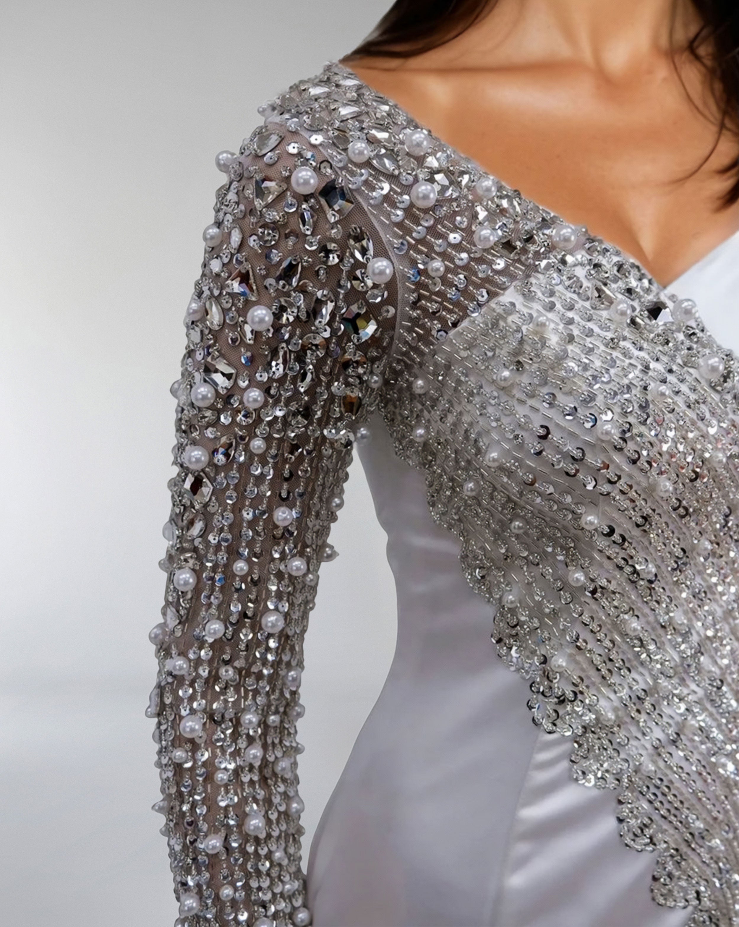 Asymmetrical Embellished Satin Gown with Slit – LUMINA
