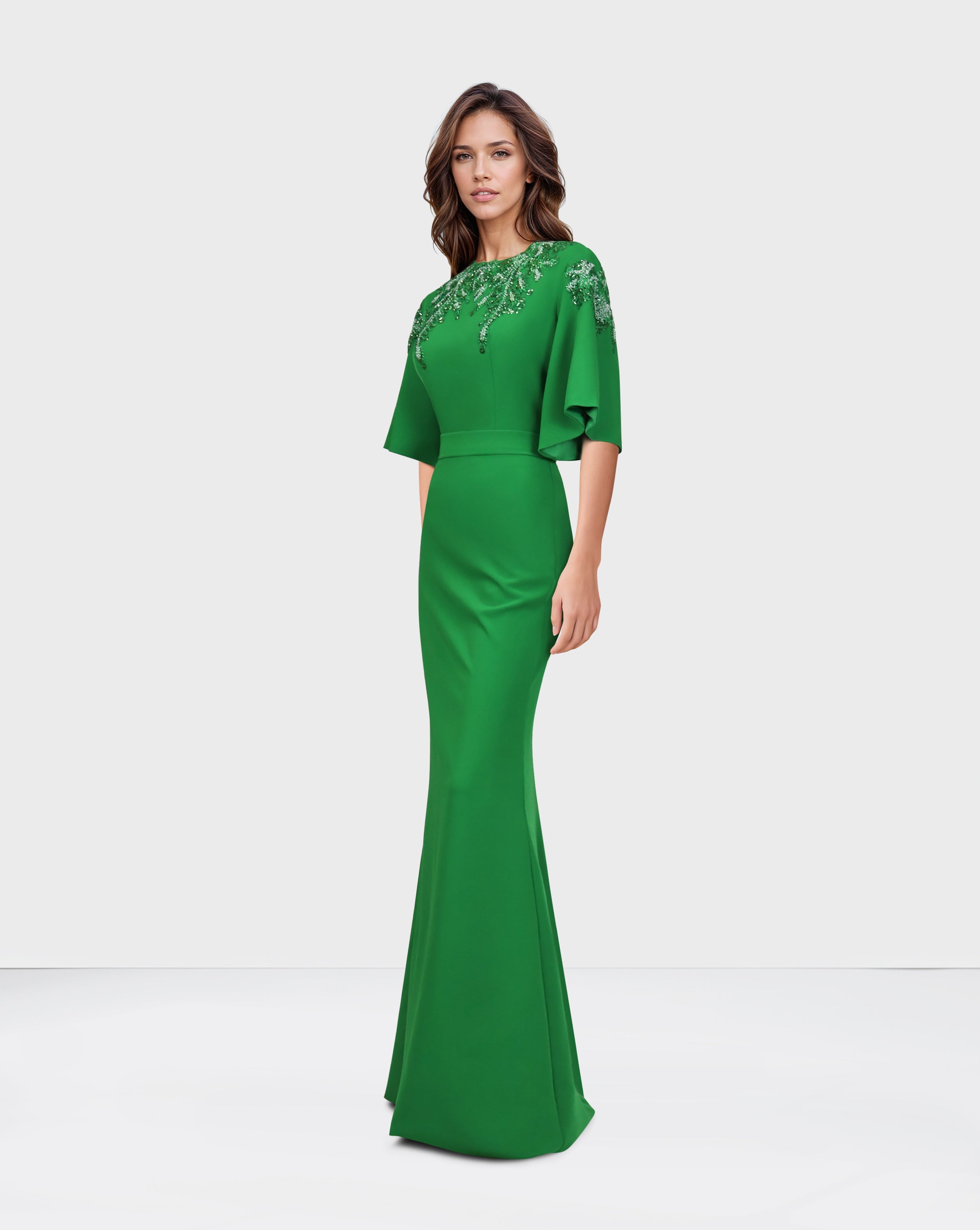 Sequined column dress with bell sleeves