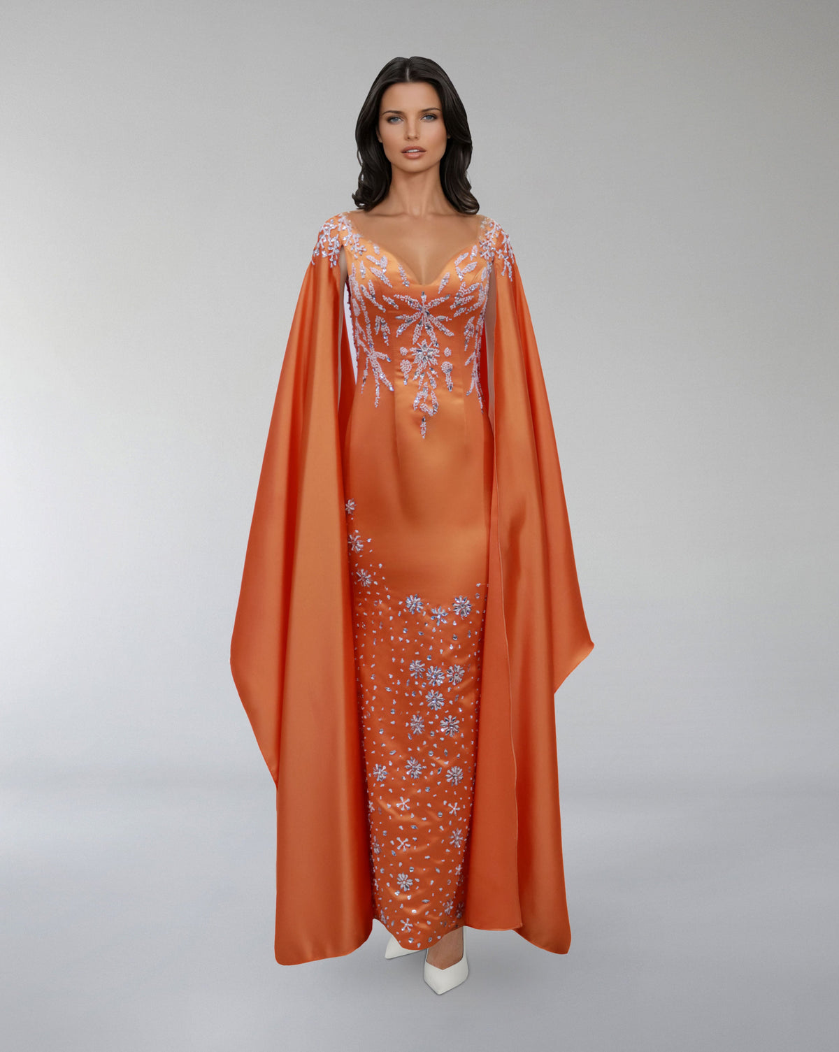 Embroidered Satin Gown with Flowing Cape – SOLIRA