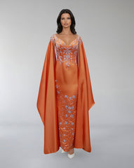 Embroidered Satin Gown with Flowing Cape – SOLIRA