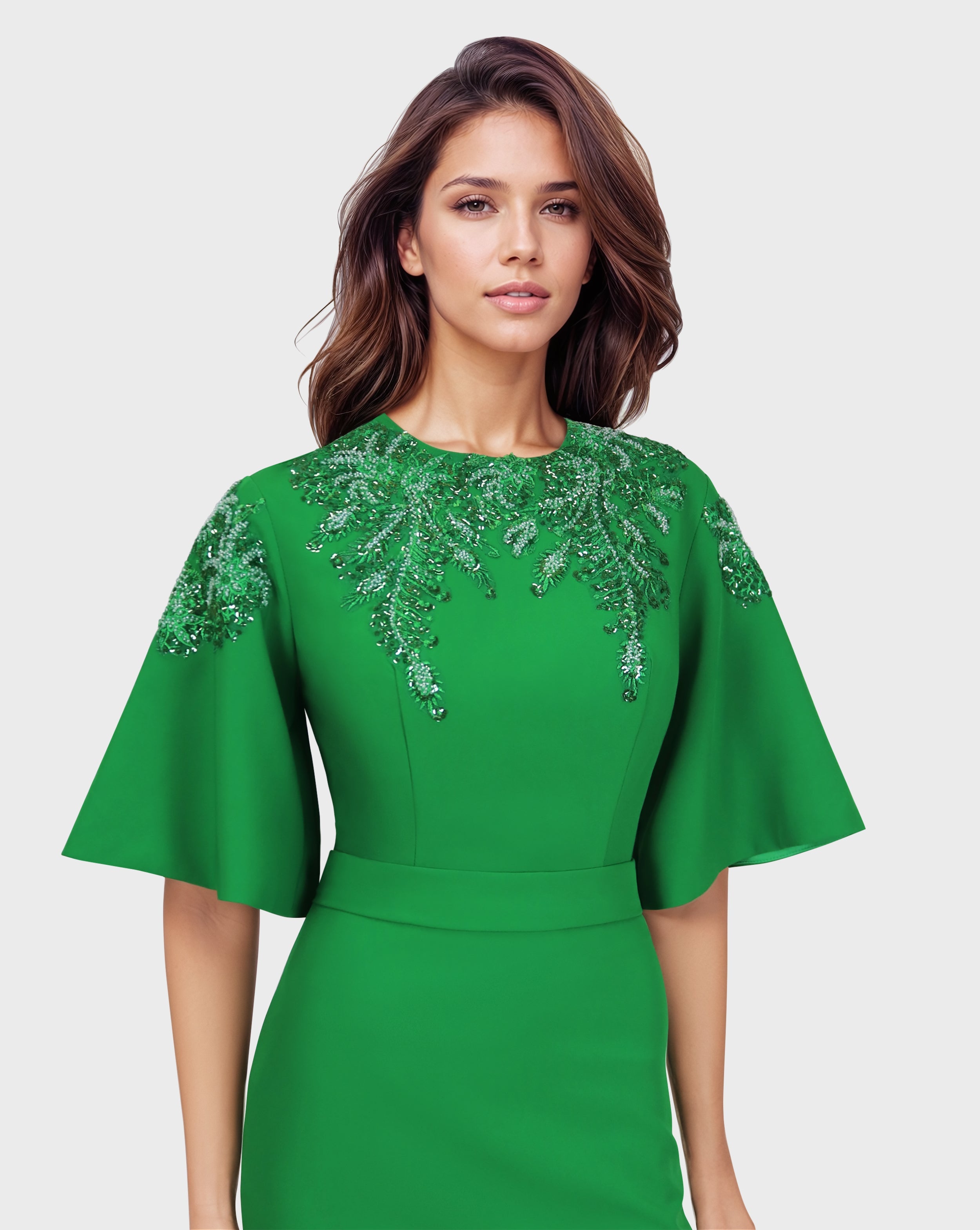Sequined column dress with bell sleeves