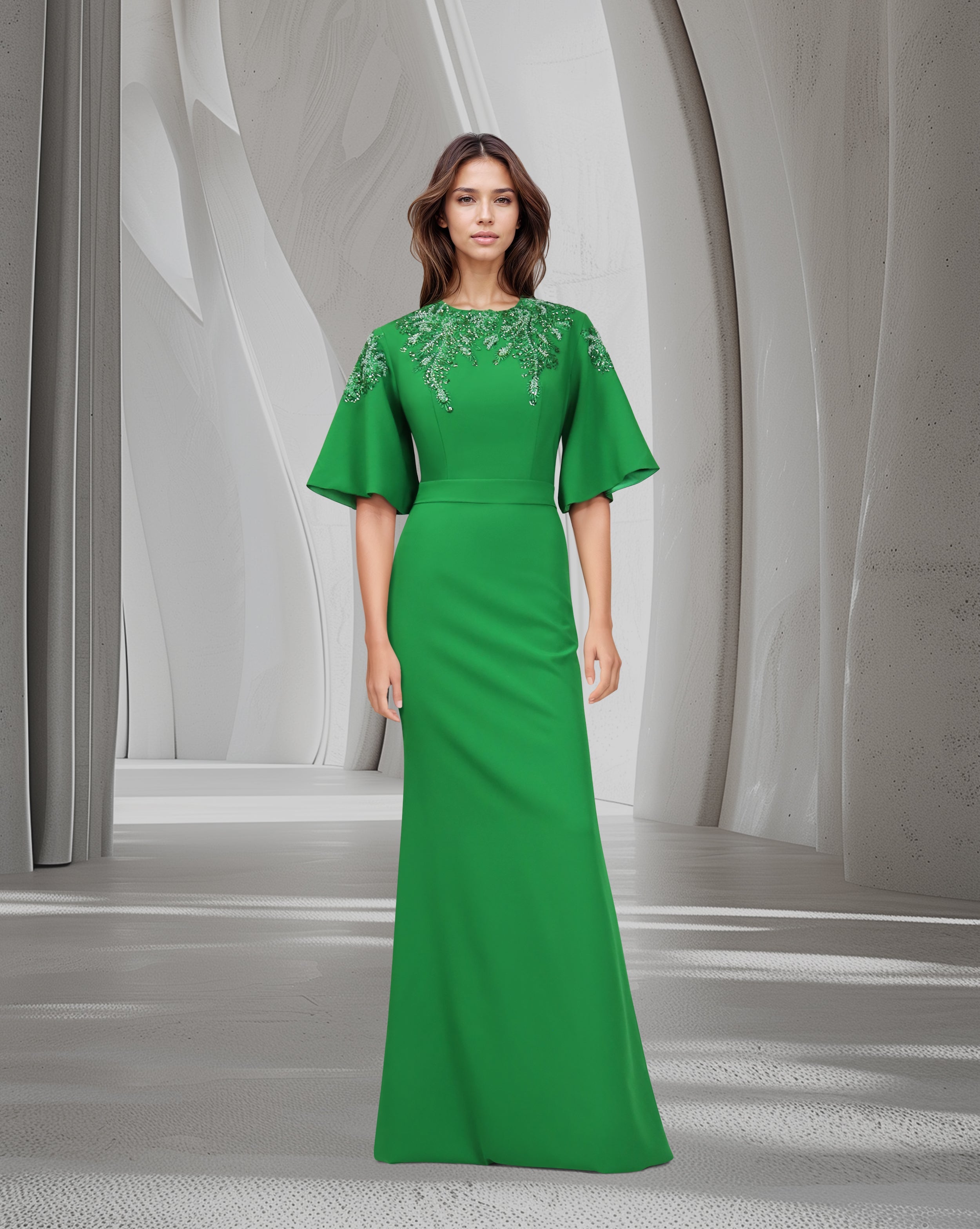 Sequined column dress with bell sleeves