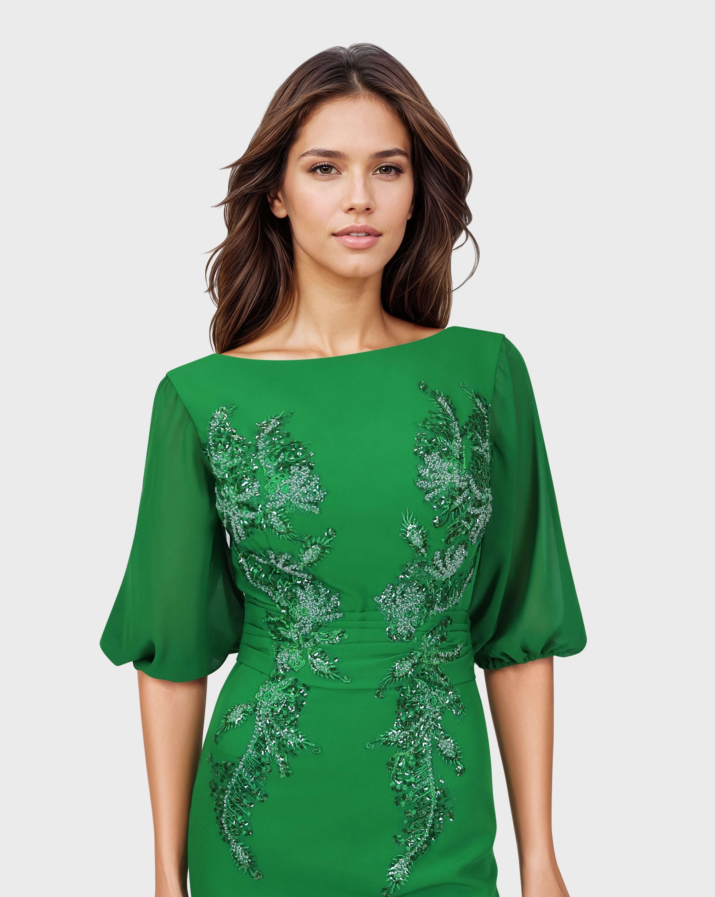 Sequined column dress with waistband and see-through sleeves-Lonah