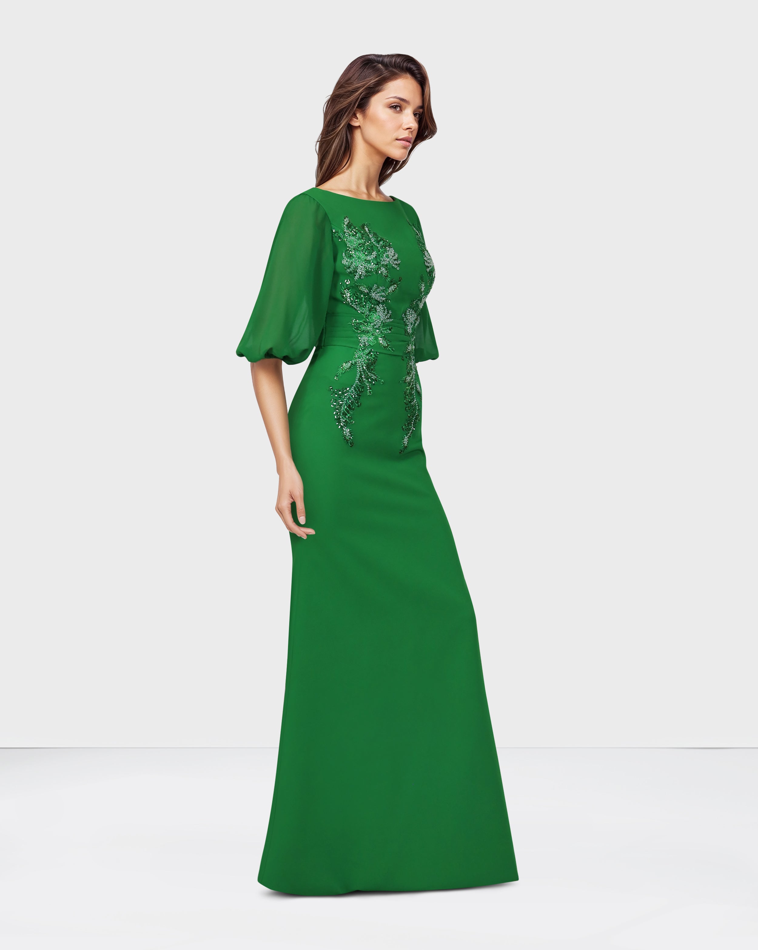 Sequined column dress with waistband and see-through sleeves-Lonah