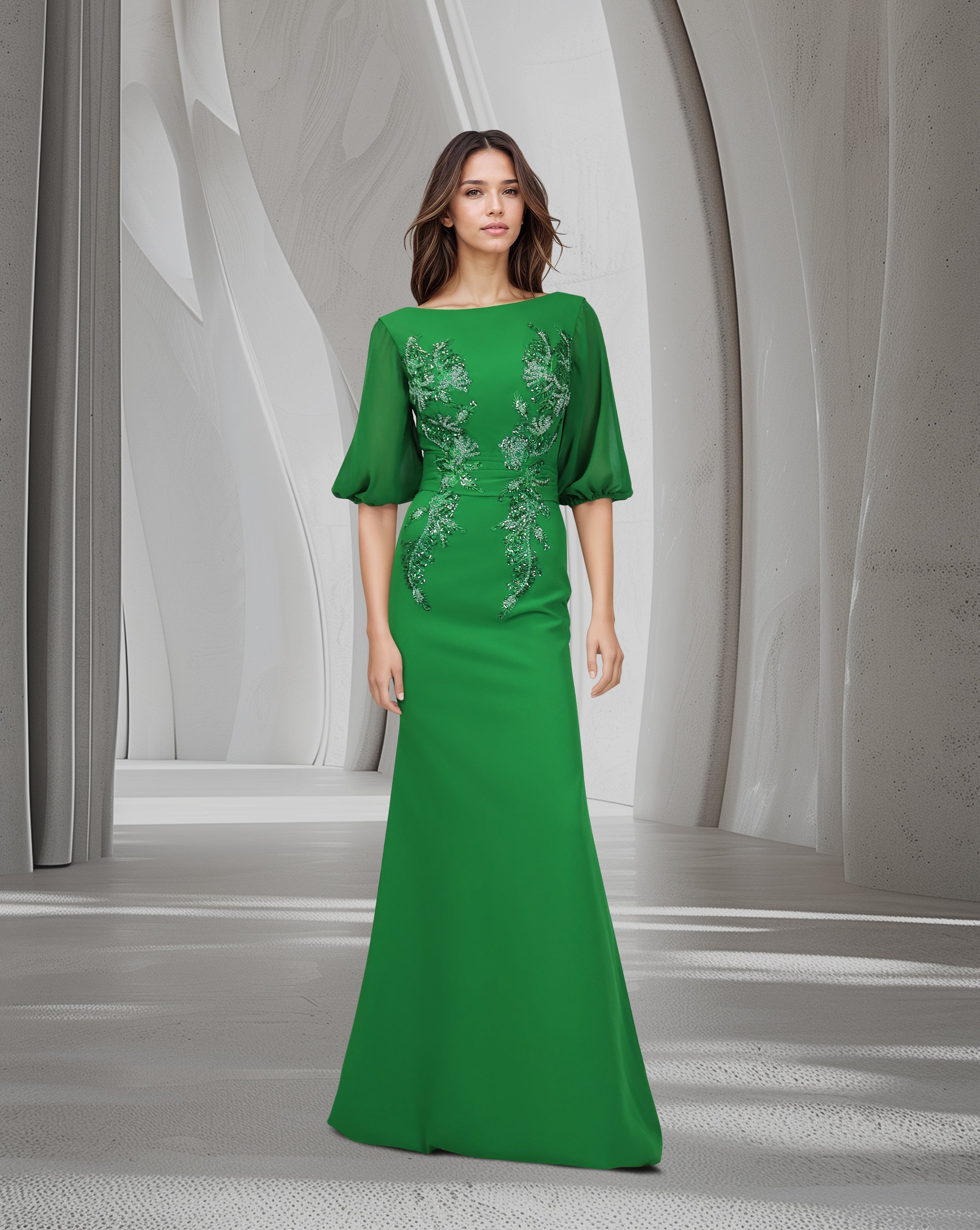 Sequined column dress with waistband and see-through sleeves-Lonah