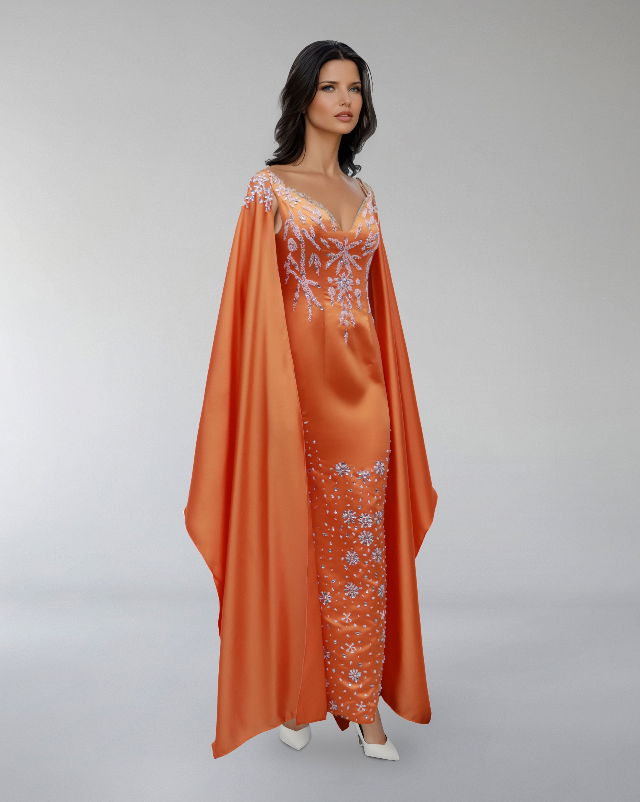 Embroidered Satin Gown with Flowing Cape – SOLIRA